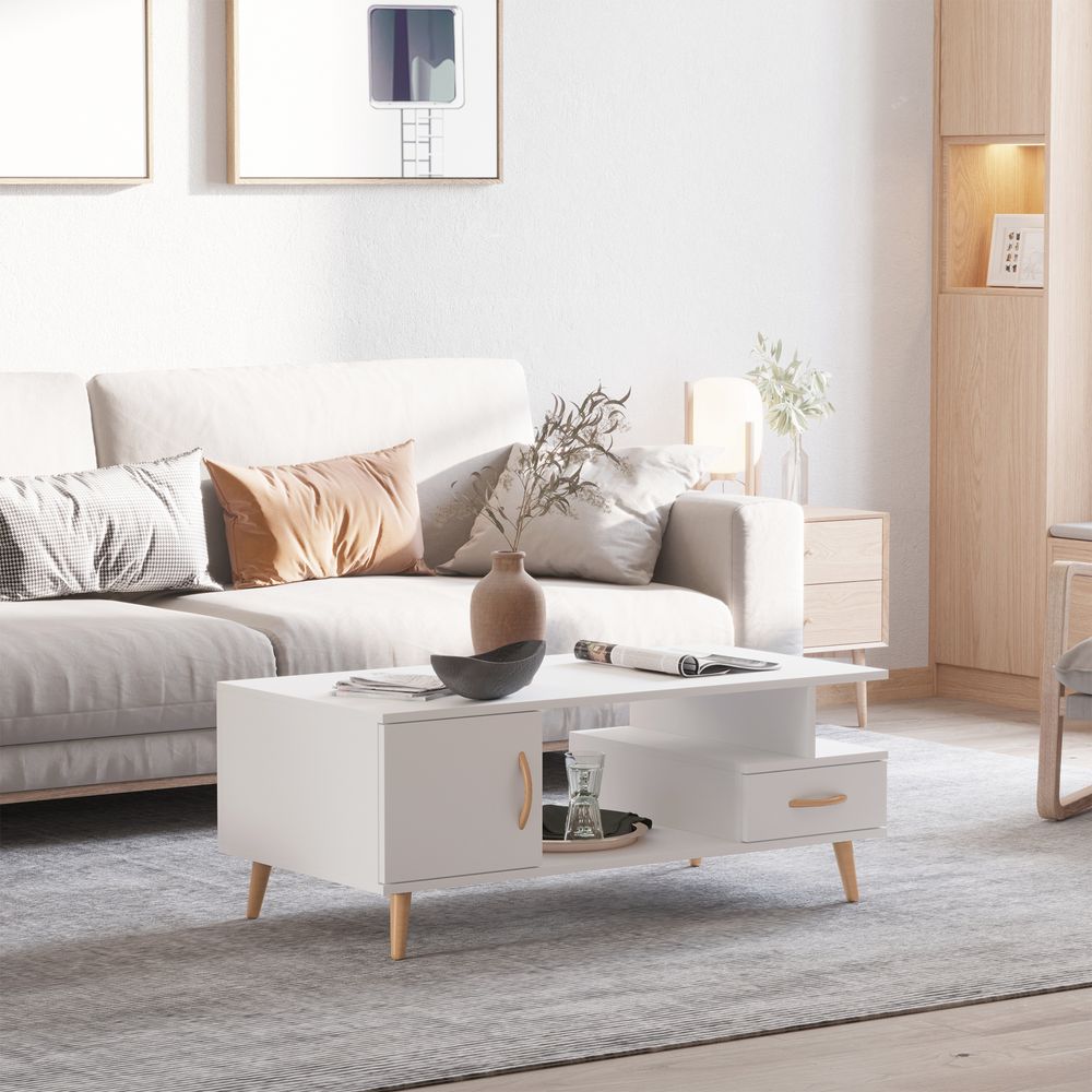 Coffee Table with Storage, Shelf, and Drawer, White Sofa Side Table