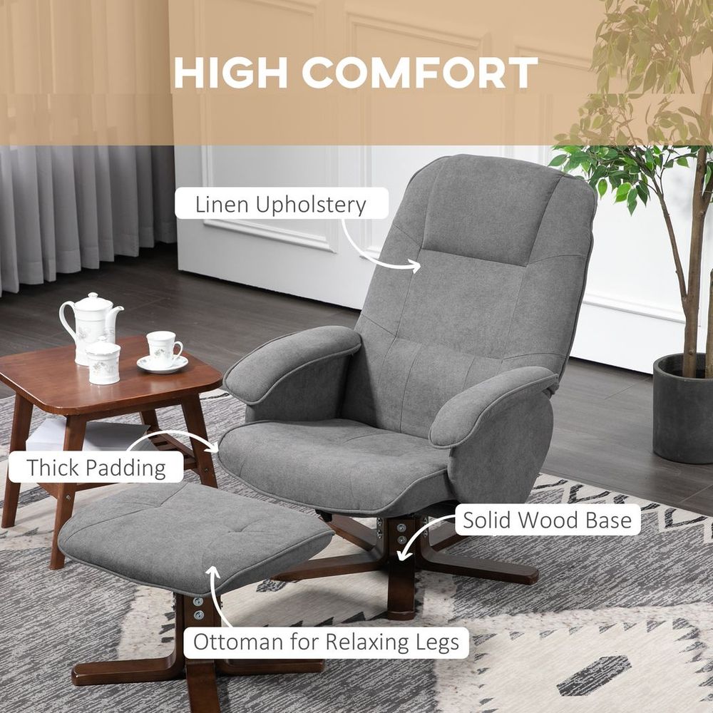 Grey Linen-Touch Swivel Recliner Chair and Footstool with Sturdy Wooden Base