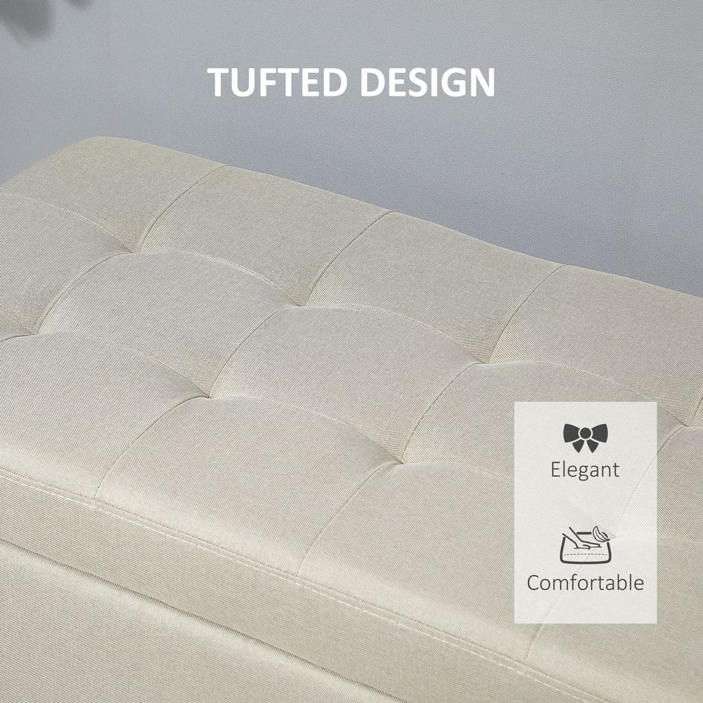 Padded Linen Storage Ottoman Bench with Tufted Hinged Lid and Wooden Frame