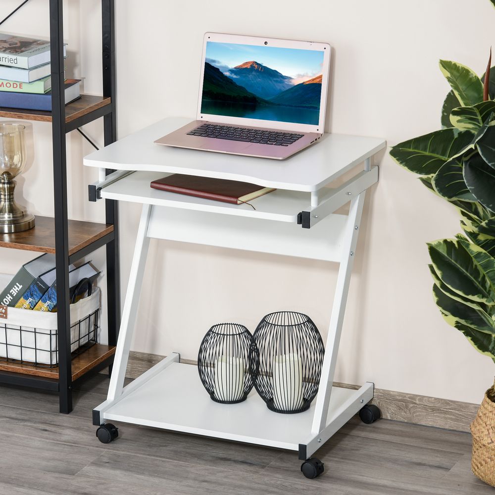 White Computer Desk with Sliding Keyboard Tray and 4 Moving Wheels for Versatile Use