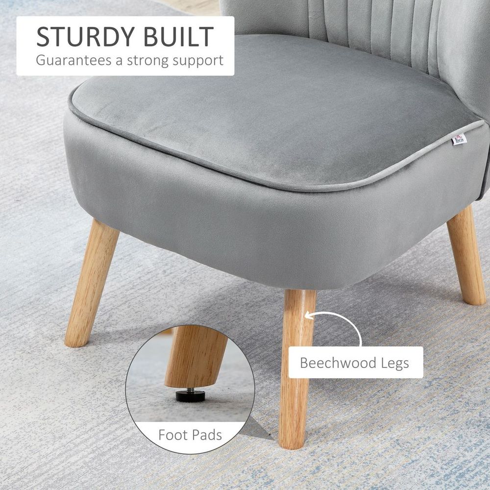 Velvet-Feel Accent Chair with Ottoman – Tub Seat Padding & Wood Legs – Light Grey