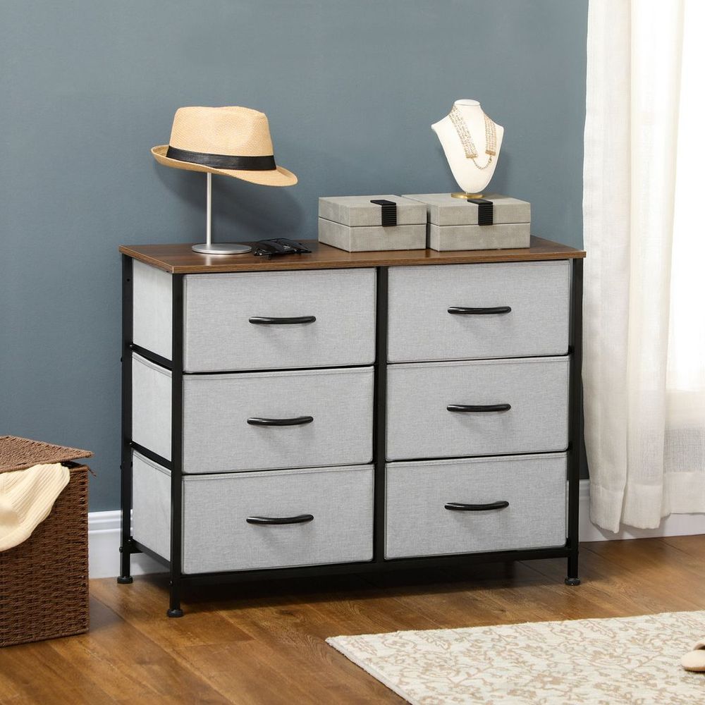 6-Drawer Fabric Chest of Drawers with Wooden Top for Closet and Hallway in Grey