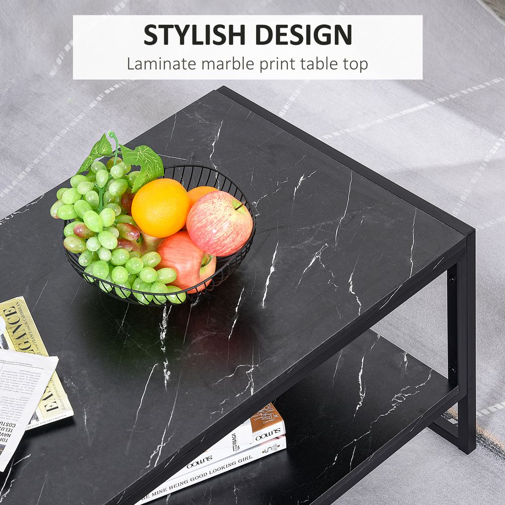 Two-Tier Laminate Marble Print Coffee Table with Metal Frame, Elegant Style