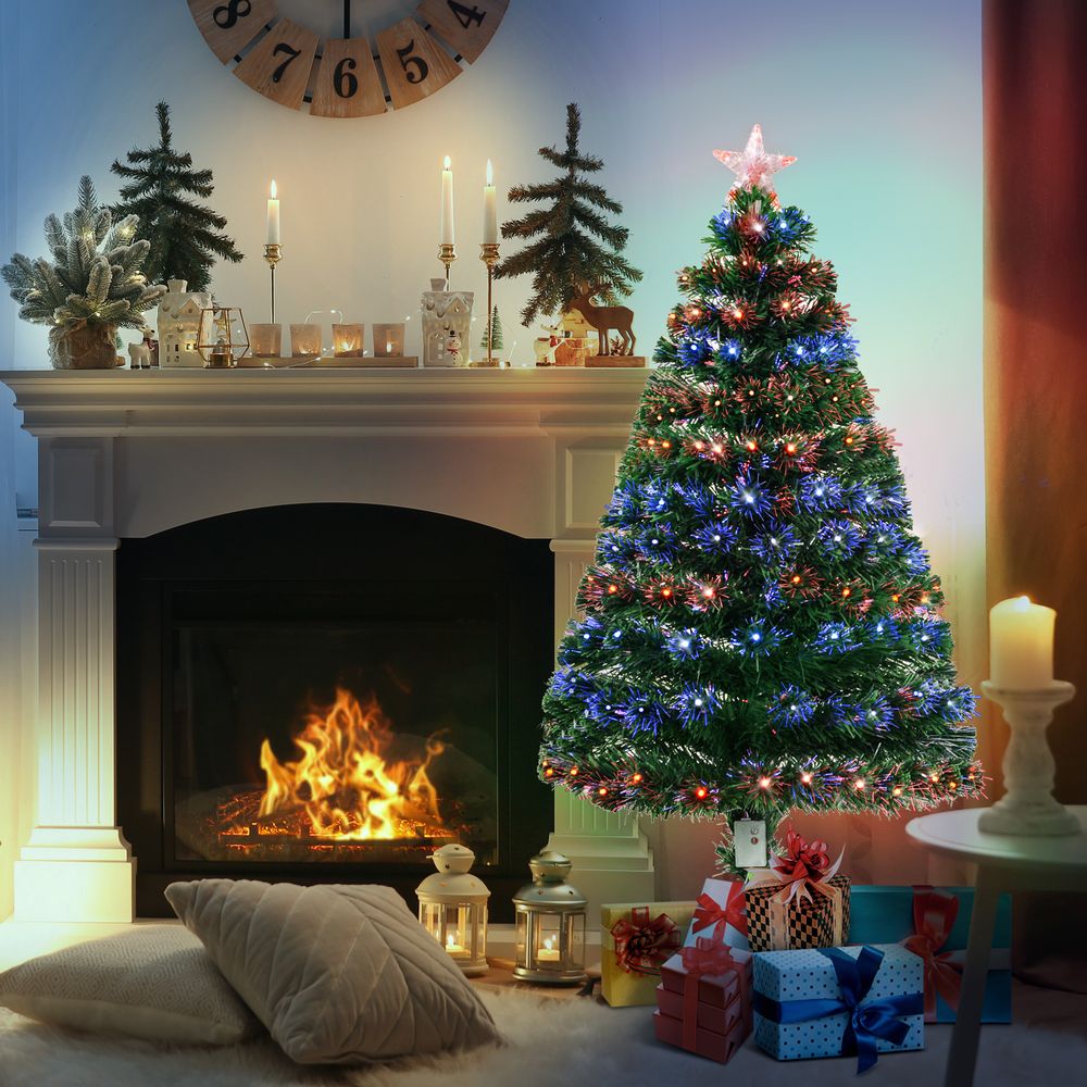 4FT Pre-Lit Artificial Christmas Tree in Green with Multi-Coloured Fibre LED Lights