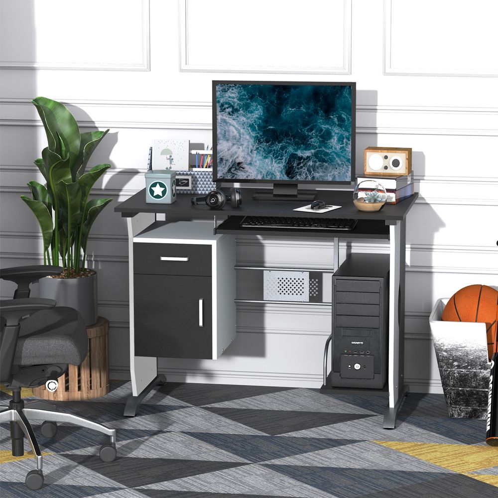 Black Wooden Computer Desk with Drawer for Writing and Workstation Needs