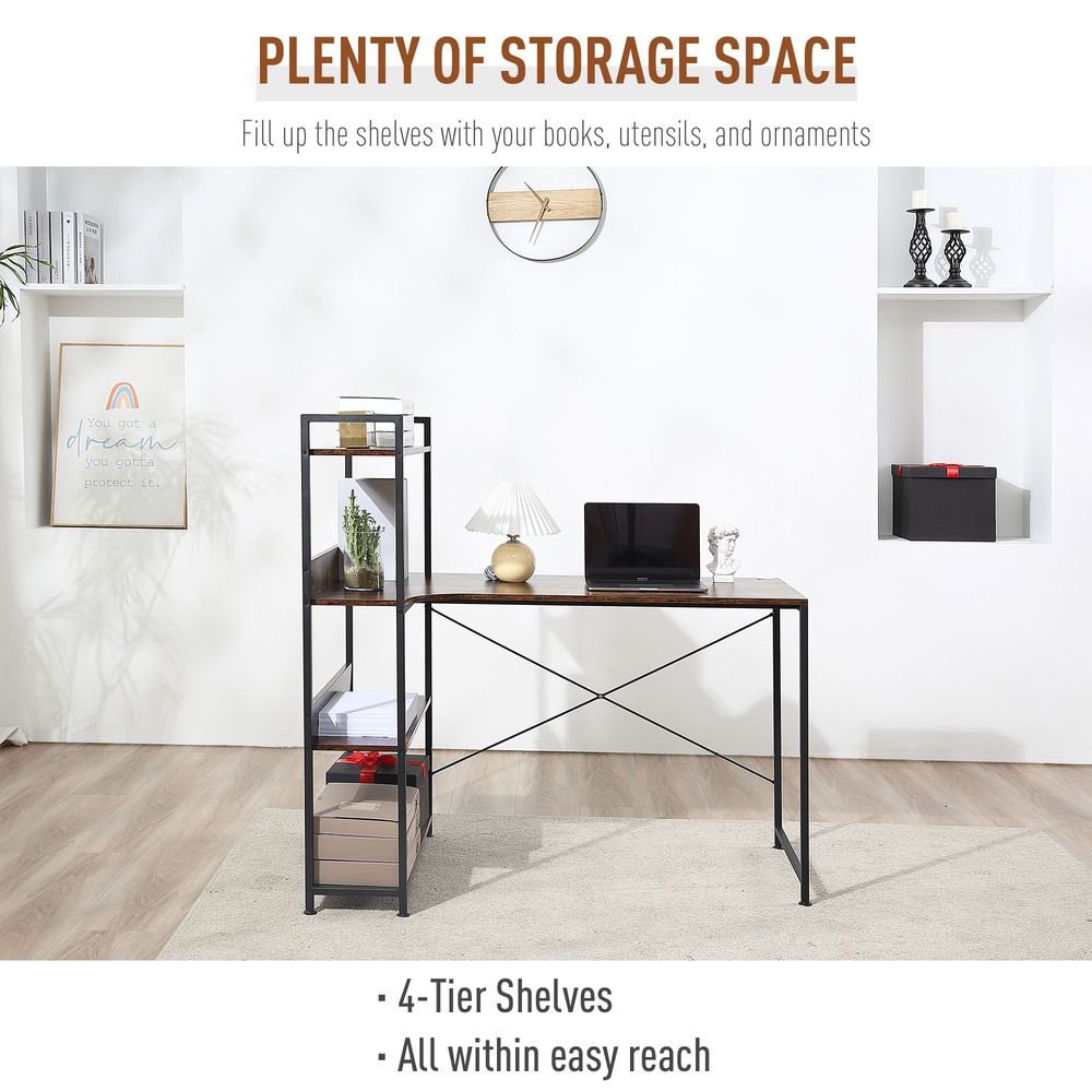 Retro Industrial Computer Desk with 4-Tier Storage Shelf Metal Frame, Brown
