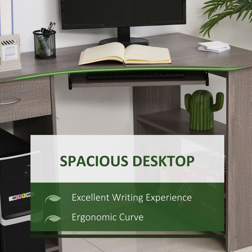 Grey L-Shaped Corner Computer Desk with 2-Tier Shelves and Spacious Table Top