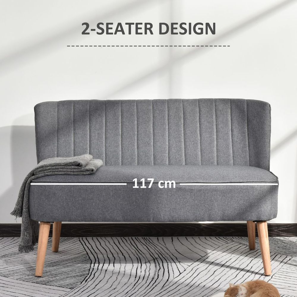 Grey Padded Linen Double Seat Loveseat Couch with Wooden Legs for Comfort