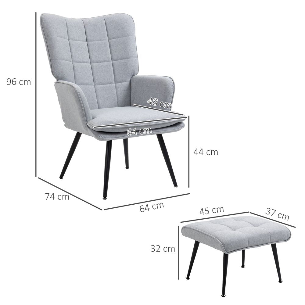 Light Grey Living Room Chair with Footstool and Sturdy Steel Legs for Style