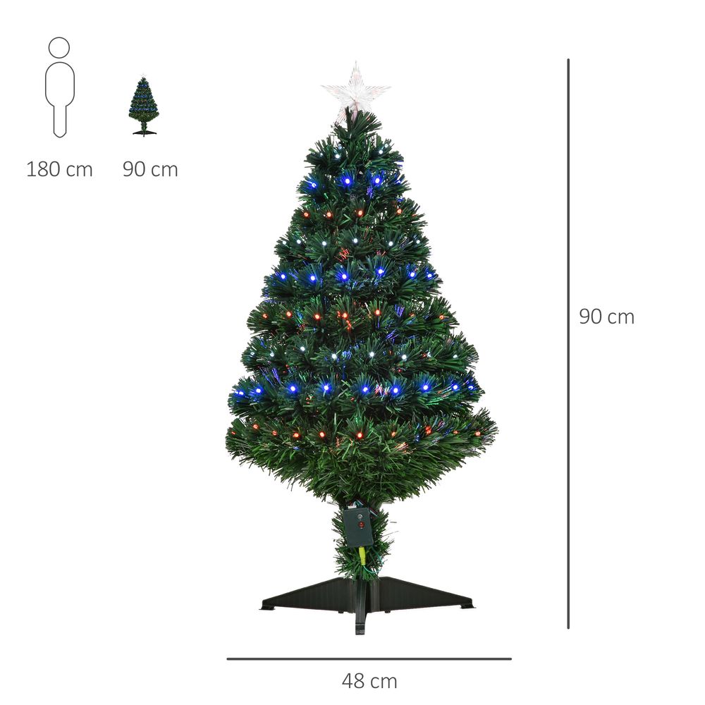 3FT Pre-Lit Artificial Christmas Tree with Multi-Coloured Fibre Optic LED Lights in Green