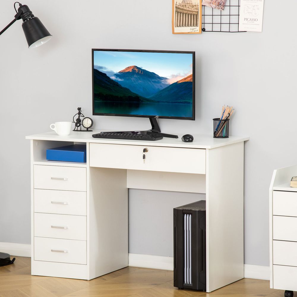 White Writing Desk with Five Drawers, Perfect for Organising Home Office Supplies