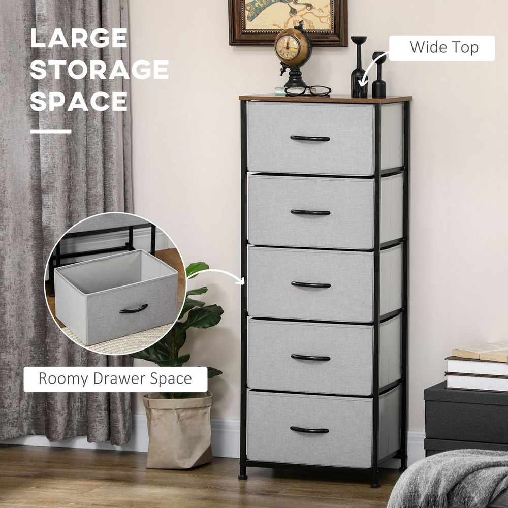5-Drawer Fabric Chest of Drawers with Wooden Top for Closet and Hallway in Grey