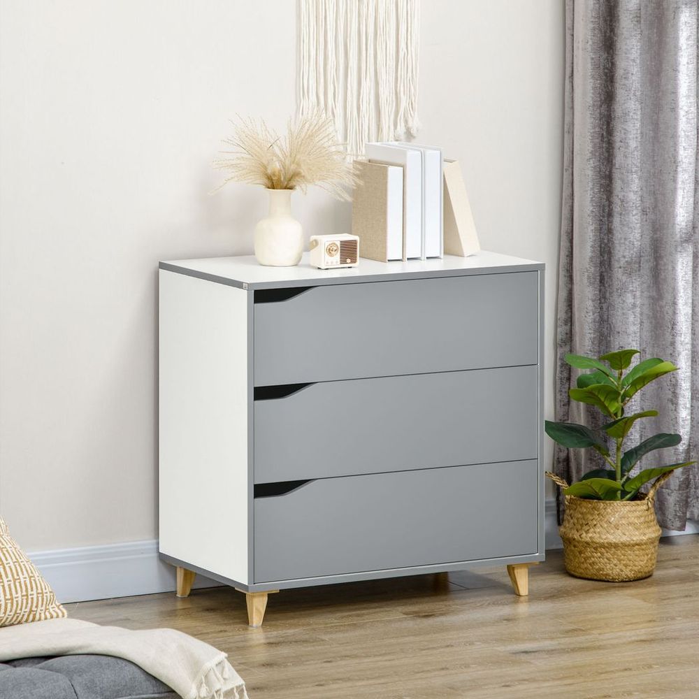 Grey 3-Drawer Chest of Drawers with Solid Wood Legs, Versatile Storage Cabinet