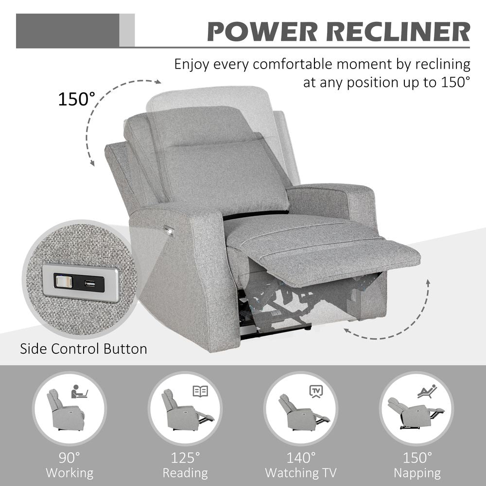 Grey Electric Recliner Armchair with USB Port, Comfortable Fabric Seating for Modern Living