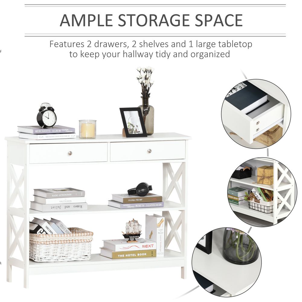 White Console Table with Open Top, Side Desk and Shelves, Perfect for Hallway Storage
