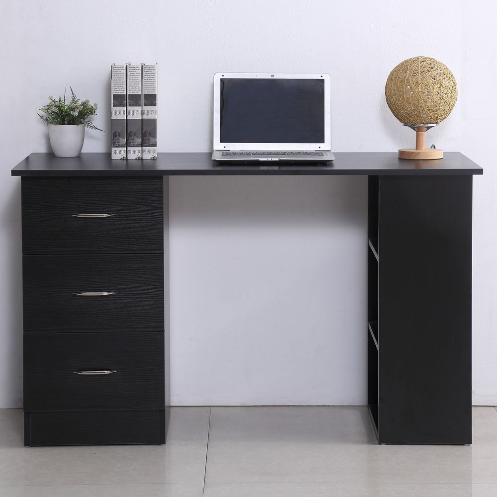 120cm Computer Desk Workstation with 3 Shelves and Drawers in Black - Ideal for Home Office Setup