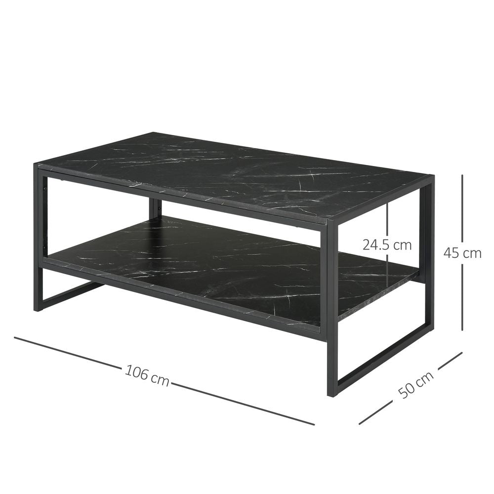 Two-Tier Laminate Marble Print Coffee Table with Metal Frame, Elegant Style