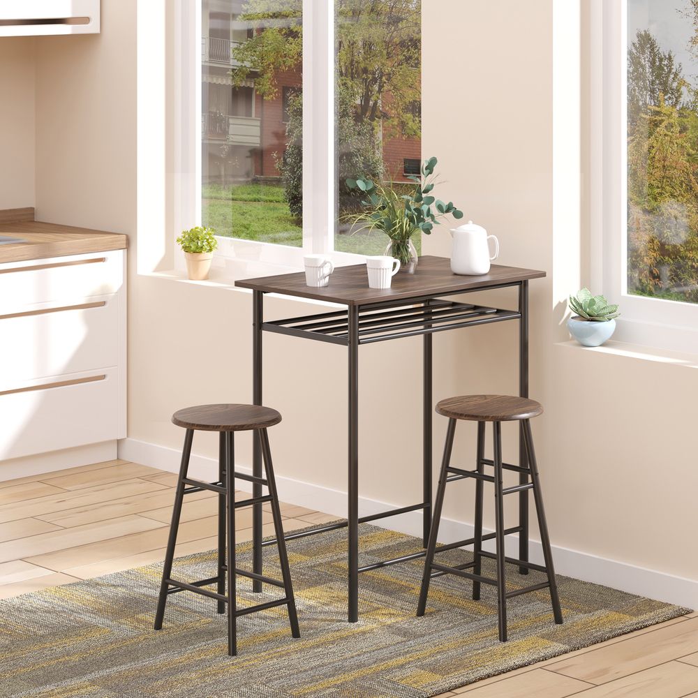 Bar Set – Includes 1 Metal Bar Table and 2 Stools – Black and Oak Finish