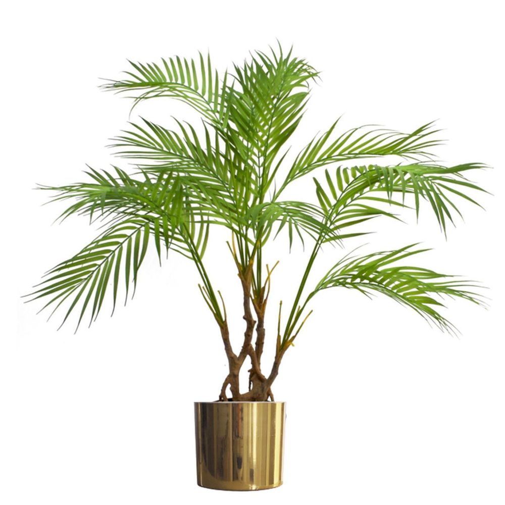 90cm Artificial Areca Palm with Twisted Trunk in Gold Metal Planter - Tropical Look