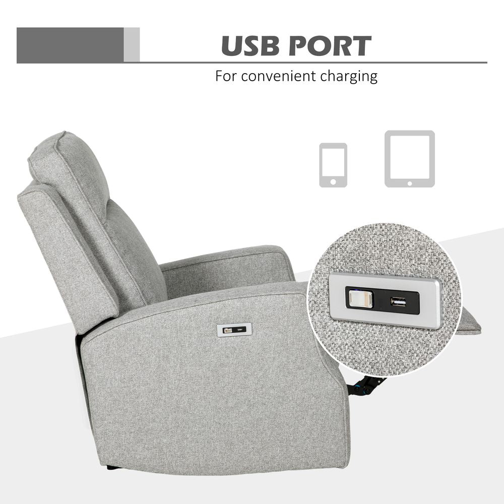 Grey Electric Recliner Armchair with USB Port, Comfortable Fabric Seating for Modern Living