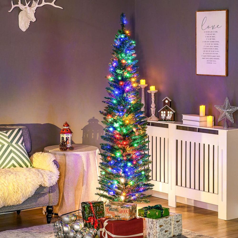 6FT Artificial Pencil Christmas Tree with Colourful Lights and Sturdy Steel Base