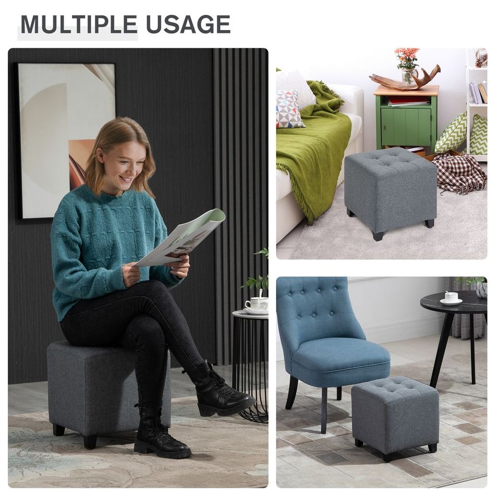 Linen-Look Square Ottoman – Button Tufts Footstool with Wood Frame – Grey