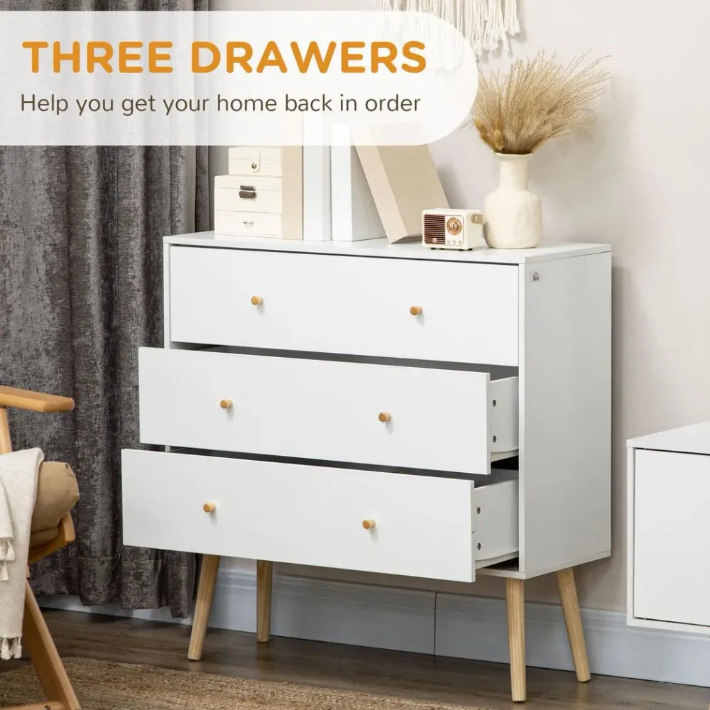 White 3-Drawer Chest of Drawers with Wooden Legs, Stylish Storage Organiser for Bedrooms