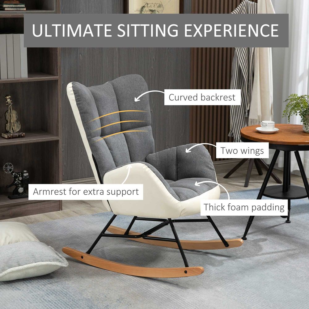 Grey and Cream Upholstered Wingback Rocking Chair for Comfortable Nursery Use