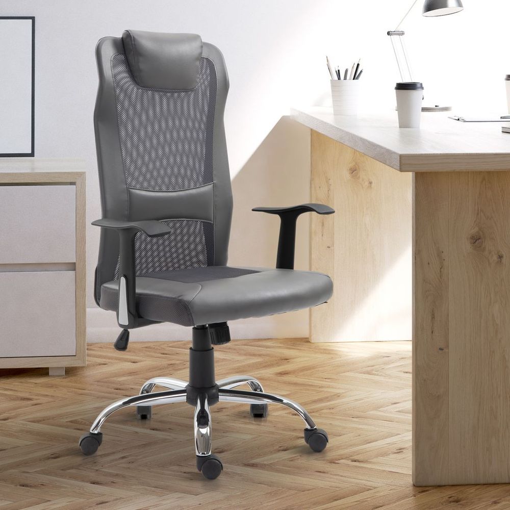 Grey High Back Mesh Office Chair with Swivel, Headrest, and Armrests for Support