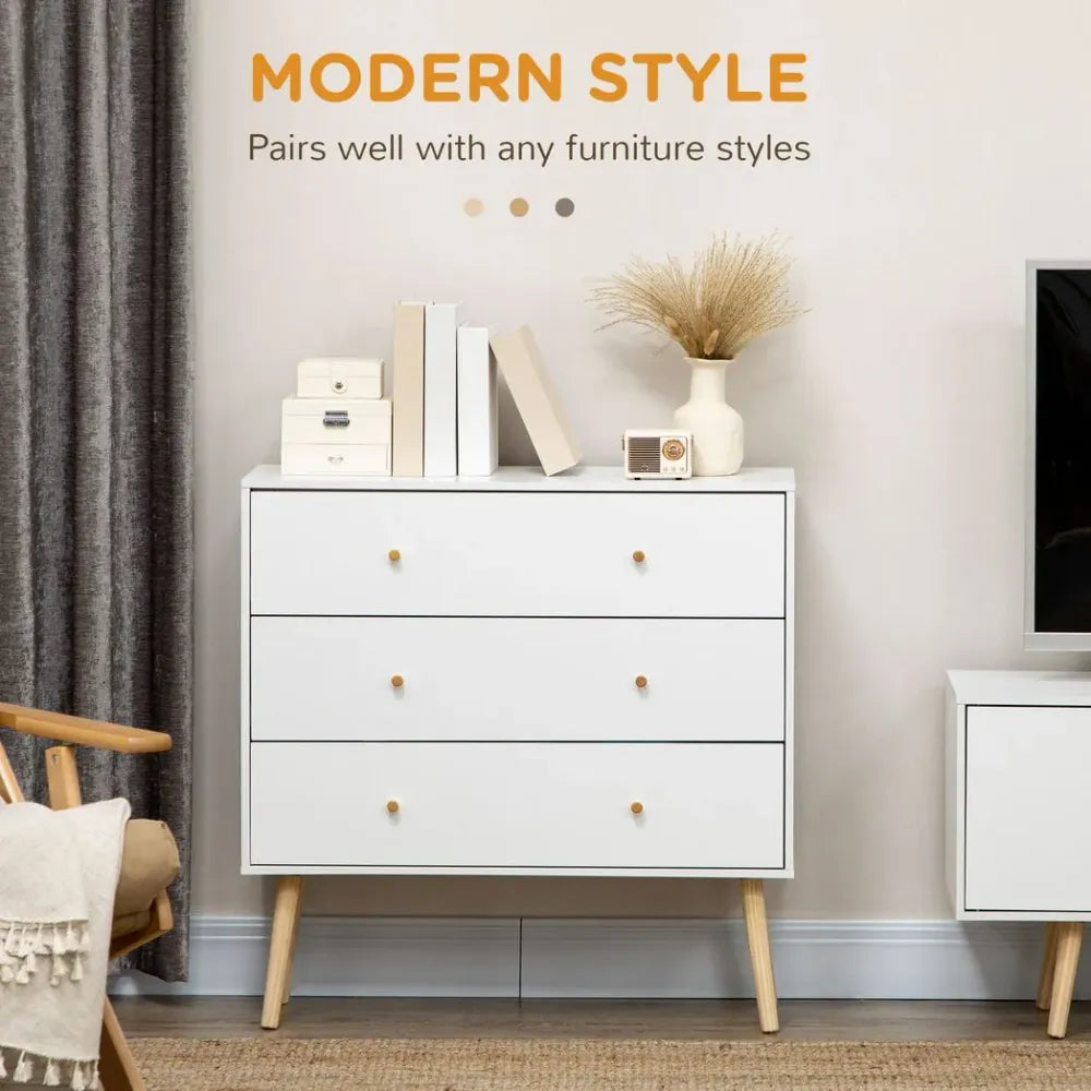 White 3-Drawer Chest of Drawers with Wooden Legs, Stylish Storage Organiser for Bedrooms