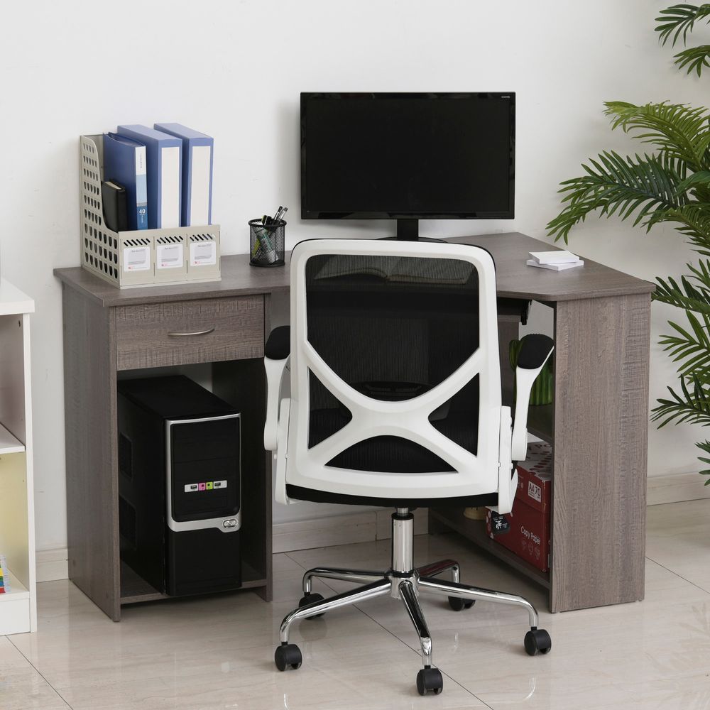 Grey L-Shaped Corner Computer Desk with 2-Tier Shelves and Spacious Table Top
