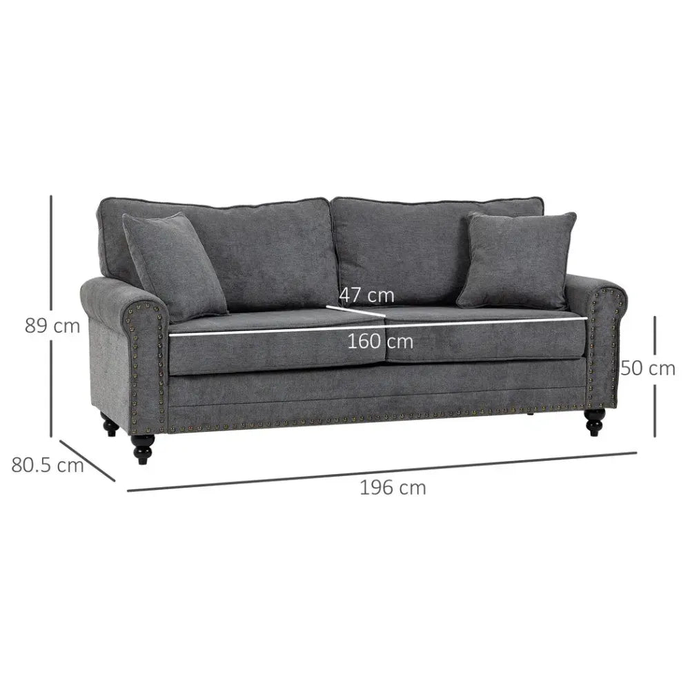 2-Seater Fabric Sofa - Grey with Nailhead Trim, Cushions, and Throw Pillows