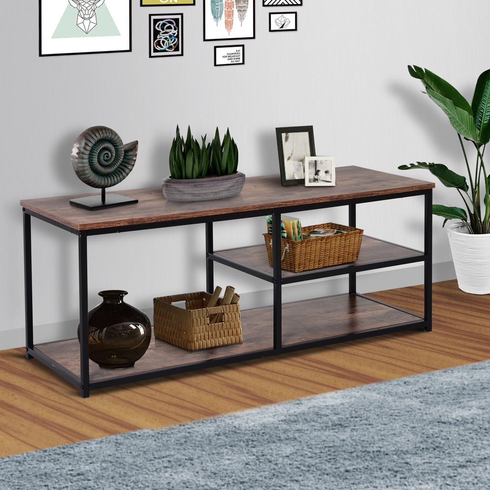 Steel Frame Industrial-Style TV Stand with Shelf, Black/Brown
