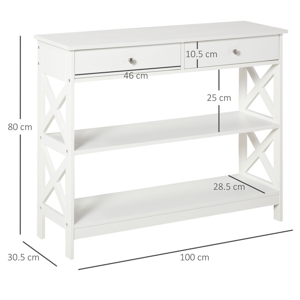 White Console Table with Open Top, Side Desk and Shelves, Perfect for Hallway Storage