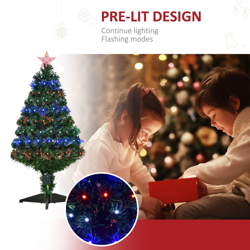 3FT Pre-Lit Artificial Christmas Tree with Multi-Coloured Fibre Optic LED Lights in Green
