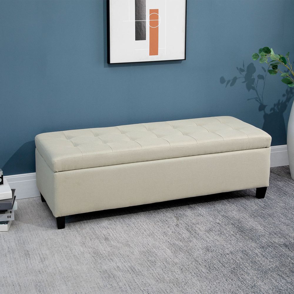 Padded Linen Storage Ottoman Bench with Tufted Hinged Lid and Wooden Frame