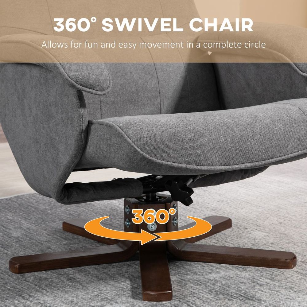Grey Linen-Touch Swivel Recliner Chair and Footstool with Sturdy Wooden Base