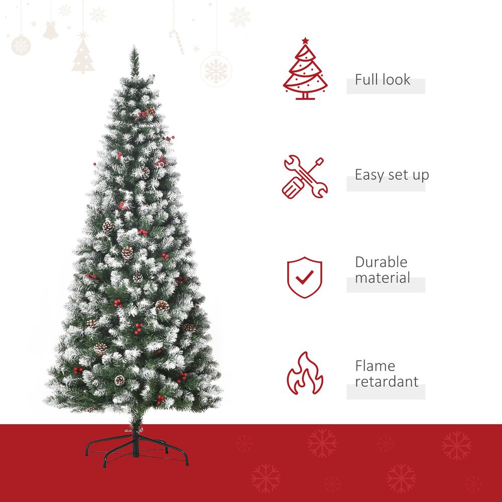 6FT Artificial Christmas Pencil Tree with Berries, Pinecones, and Foldable Feet in Green