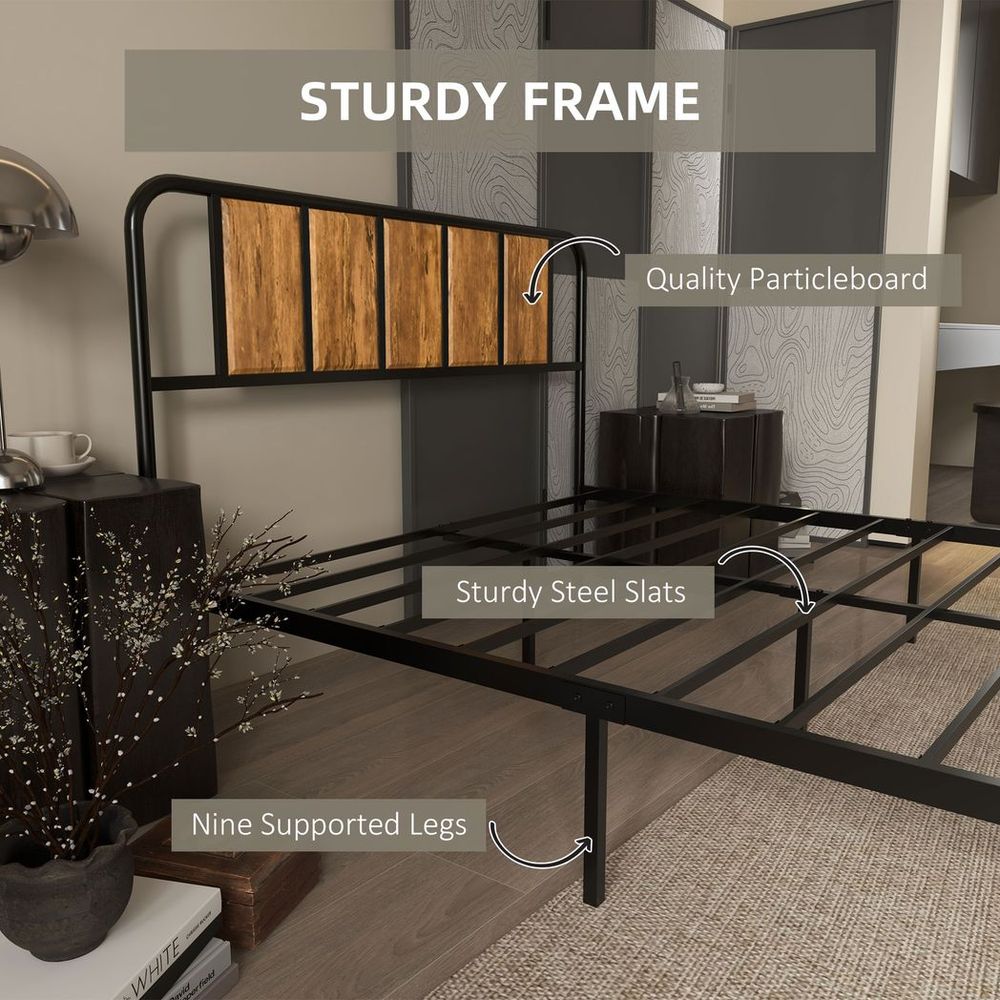 Brown Steel Bed Frame with Headboard, Double Size 145 x 199cm for Bedroom Elegance