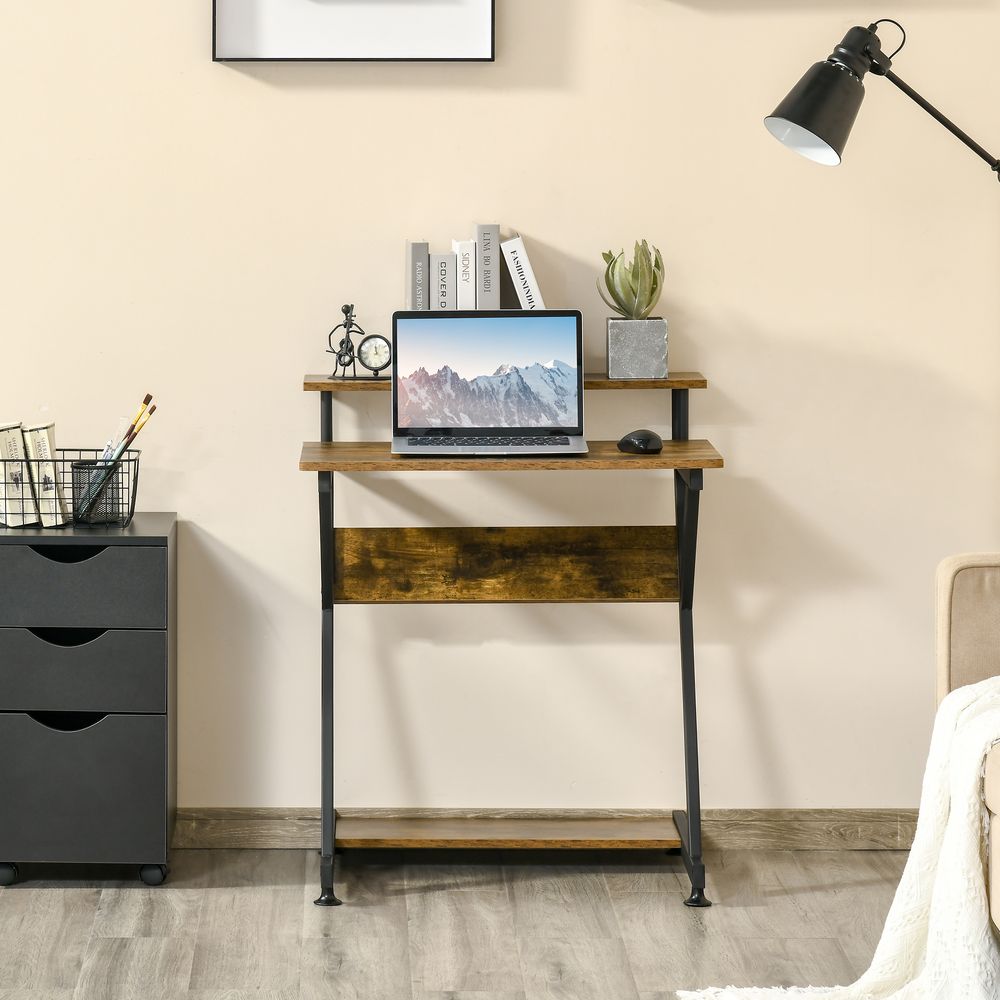 R-Shaped Brown Computer Desk with Monitor Shelf and Storage for Efficient Workspaces