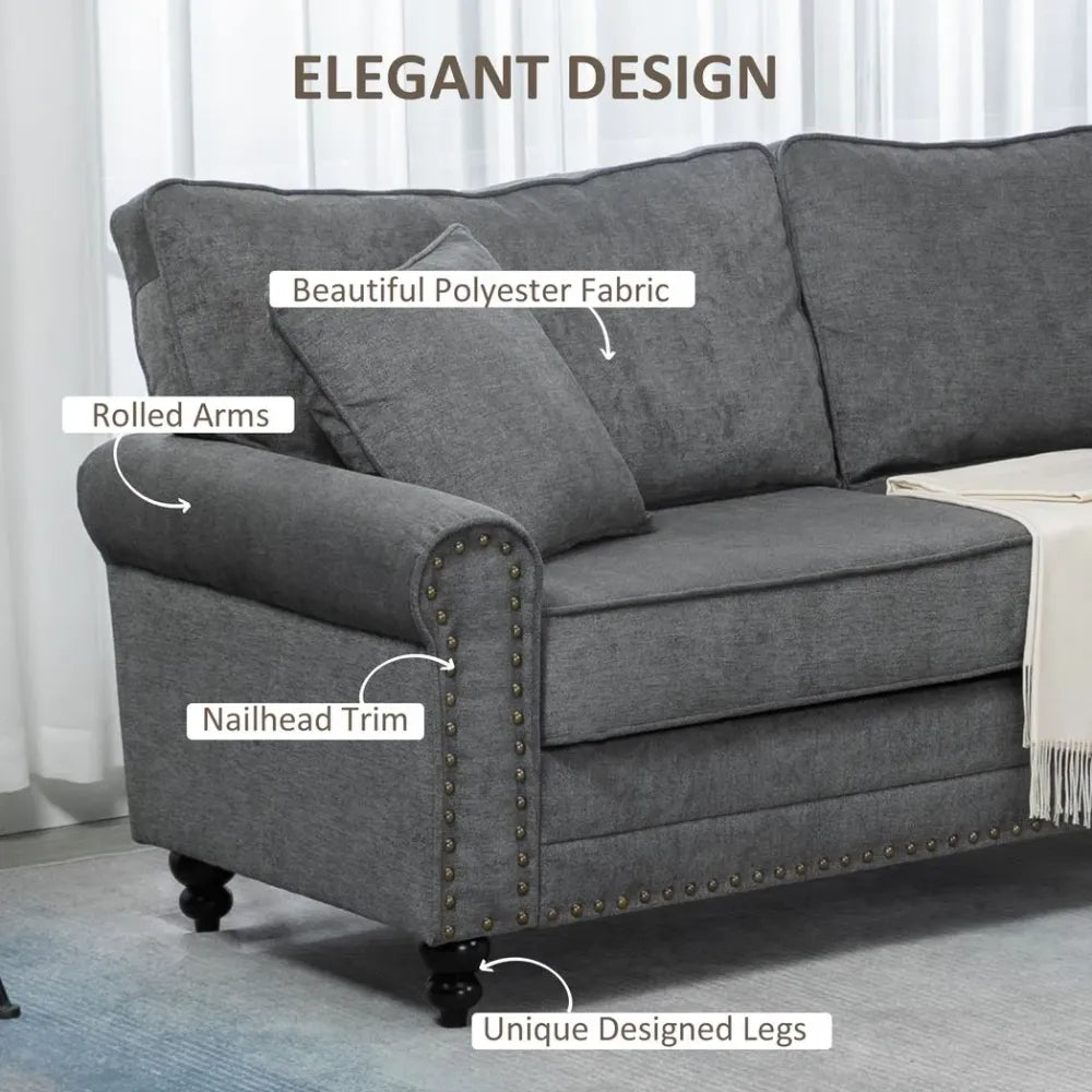 2-Seater Fabric Sofa - Grey with Nailhead Trim, Cushions, and Throw Pillows