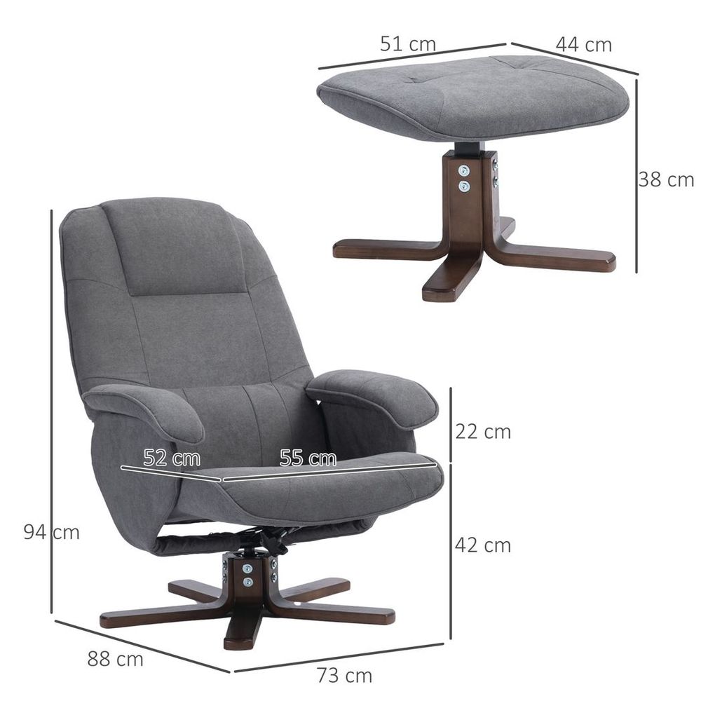 Grey Linen-Touch Swivel Recliner Chair and Footstool with Sturdy Wooden Base