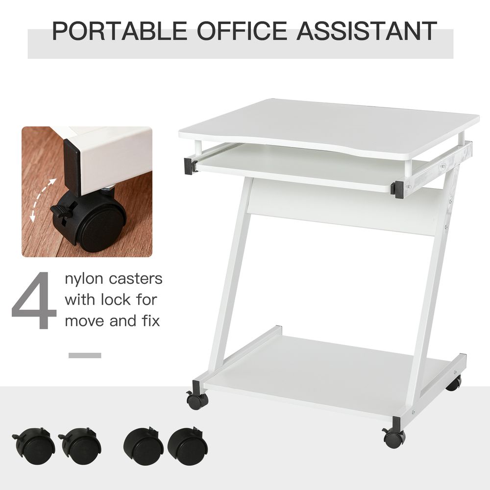 White Computer Desk with Sliding Keyboard Tray and 4 Moving Wheels for Versatile Use