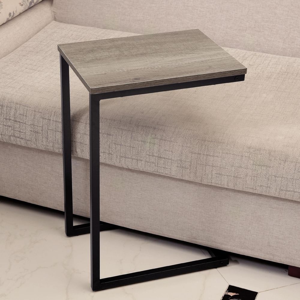 Black Powder Coated C-Shaped Side Table With Laminated Wooden Surface