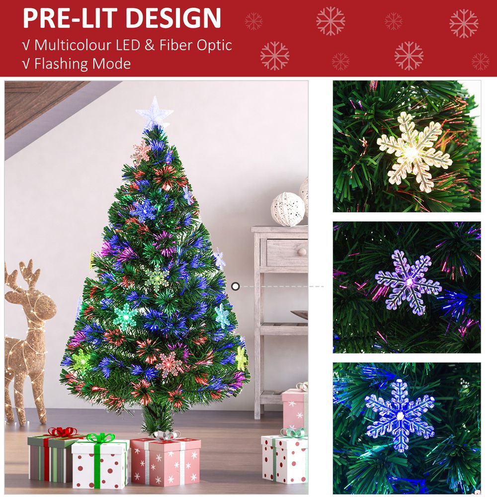 4FT Green Fibre Optic Artificial Christmas Tree with LED Snowflakes - Fireproof Features