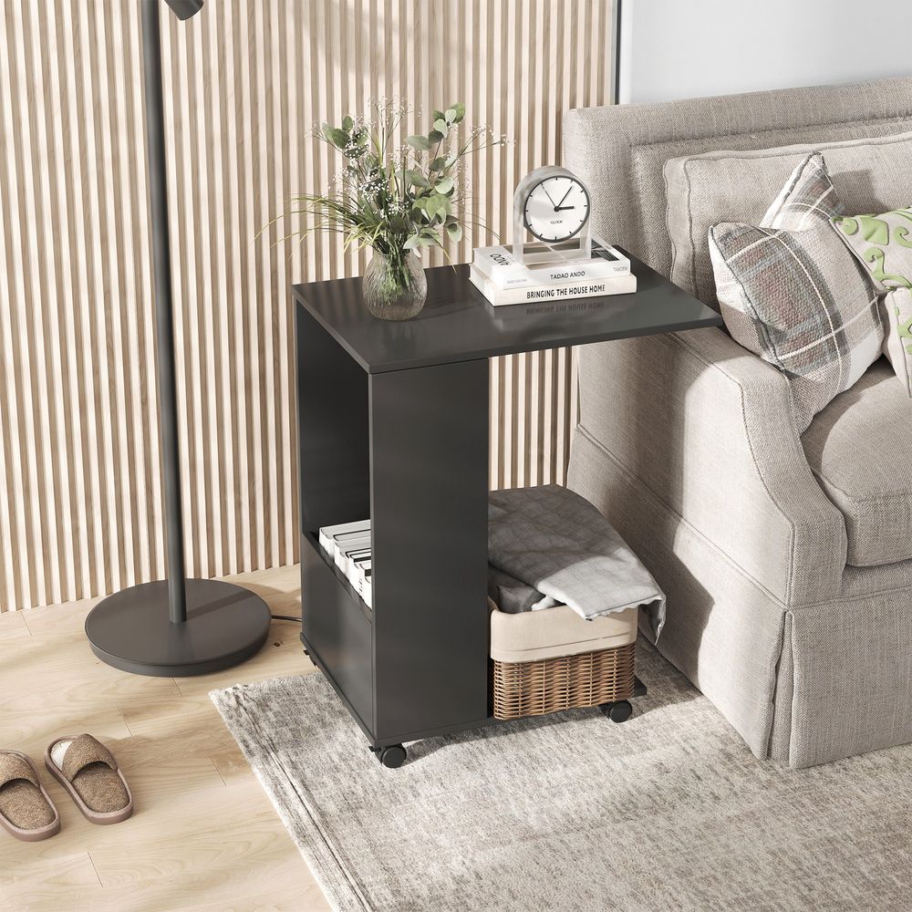 Mobile Sofa Side Table with Storage and Casters, Ideal for Laptop and Coffee