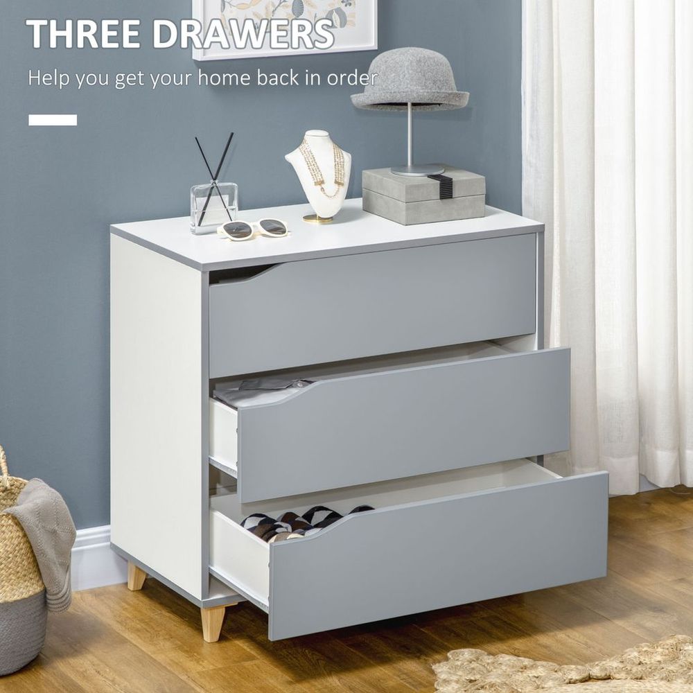 Grey 3-Drawer Chest of Drawers with Solid Wood Legs, Versatile Storage Cabinet