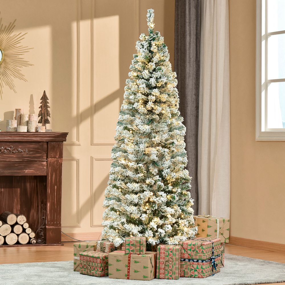 6ft Pre-Lit Snow Flocked Artificial Christmas Tree with Warm LED Lights
