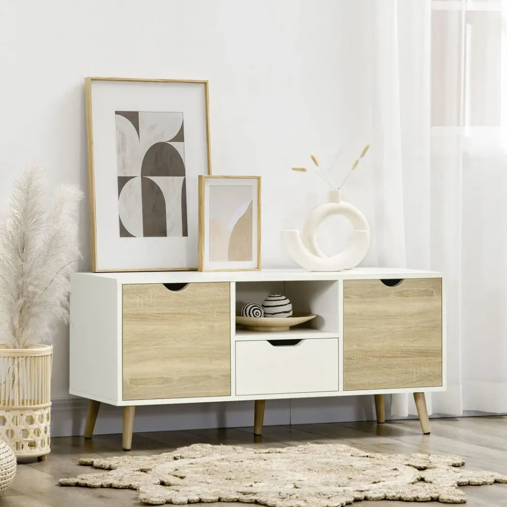 Modern TV Unit Cabinet with Drawers & Cabinets – Natural Wood Finish for Living Room