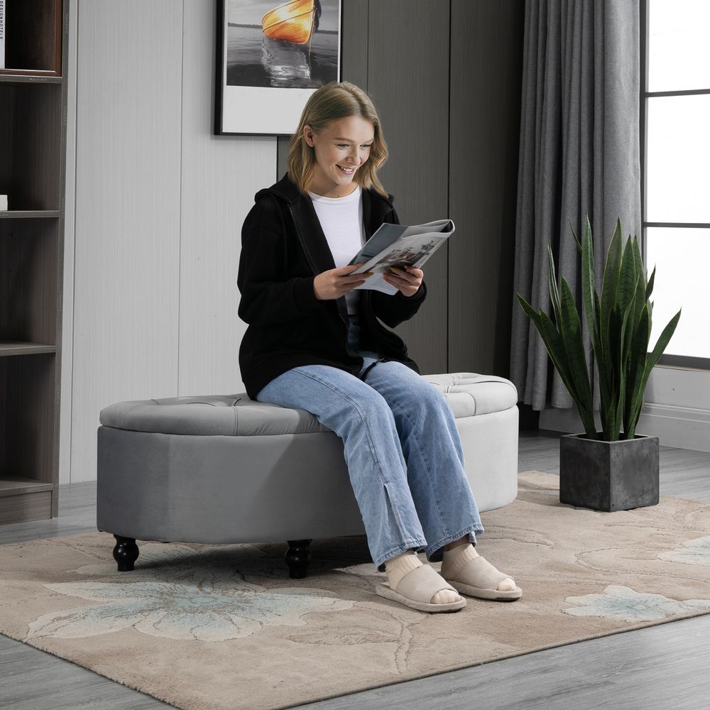 Tufted Semi-Circle Storage Ottoman Bench, Upholstered Accent Footrest for Decor